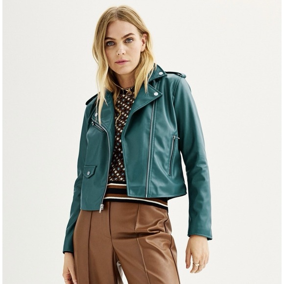 Nine West Teal Faux Leather Moto-Jacket Zipper Pockets & Cuff New With Tags L - Picture 1 of 8